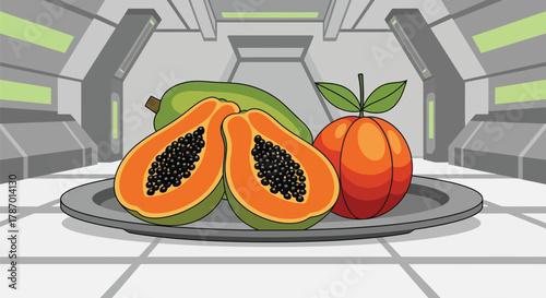 Illustration of papaya and mango on a plate in a futuristic room