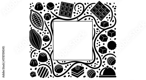 Chocolate frame vector design with cocoa beans and truffle sweets