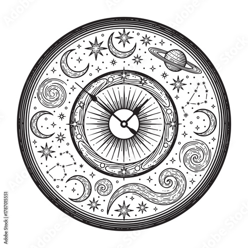 Celestial Zodiac Clock Time Universe Engraving Vector Illustration