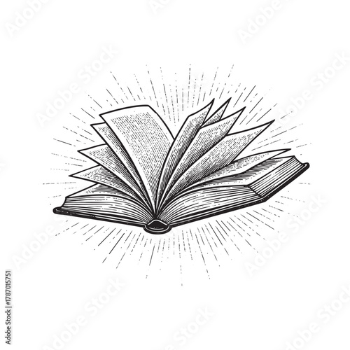 Open Book Holy Bible with Sunburst Engraving Vector Illustration