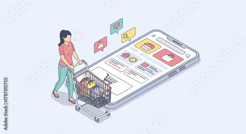 A woman pushing a shopping cart on a giant smartphone, illustrating the concept of online grocery shopping and e-commerce.