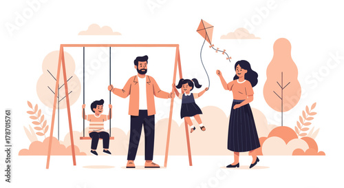 A happy family with two children enjoying a day outdoors at a playground with swings and a kite.