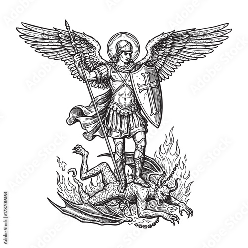 Archangel Michael Slaying Satan Devil Engraving Vector Illustration