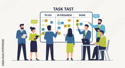 A team of professionals collaborating on a task board, reviewing progress and planning next steps in a modern office setting.
