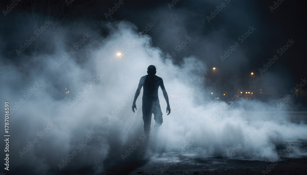 Obraz premium Silhouette of a person walking through thick smoke at night.