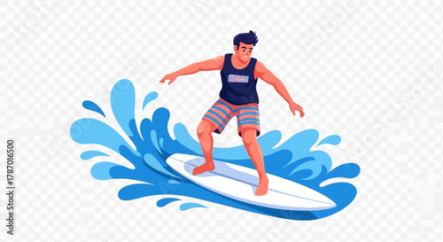 Happy Man Surfing Vector Illustration - Summer Beach Activity Flat Design