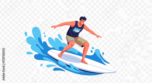 Happy Man Surfing Vector Illustration - Summer Beach Activity Flat Design
