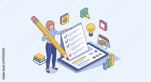 A woman is meticulously checking off tasks on a digital checklist using a giant pencil, surrounded by icons representing planning, ideas, and organization.
