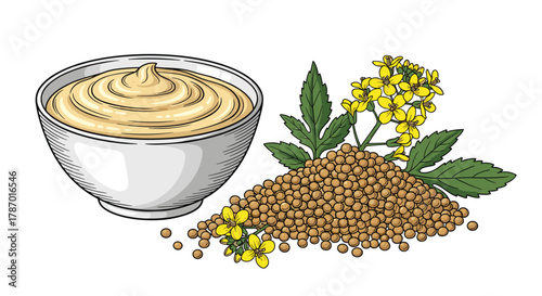 Illustration of a bowl of prepared mustard sauce, accompanied by a pile of whole mustard seeds and branches of the flowering mustard plant.