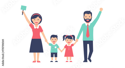 A happy cartoon family of four holding hands and waving cheerfully together.