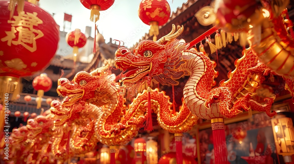 Fototapeta premium Chinese new year lanterns with golden dragon decoration