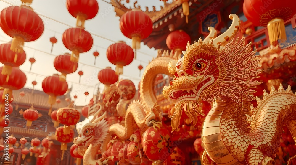 Naklejka premium Chinese new year lanterns with golden dragon decoration