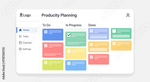 Clean user interface displaying a productivity planning board with various colored task cards.