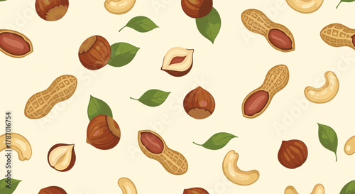 Seamless pattern of healthy nuts, featuring peanuts, cashews, and hazelnuts with fresh green leaves, ideal for food and snack-related designs.