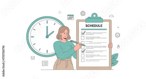 A woman is meticulously organizing her day by checking off tasks on a large clipboard schedule, with a prominent clock symbolizing time management.