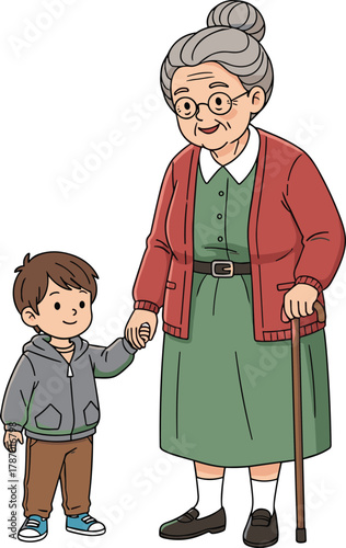 Elderly woman and young boy walking together, family bond, intergenerational love, cartoon style, warm moment, caring relationship, vector illustration