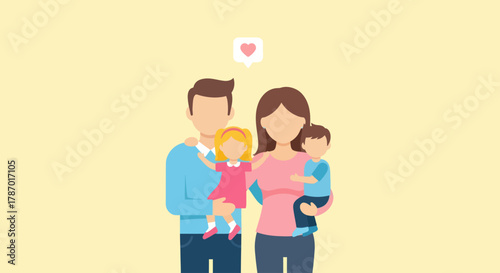 A loving family of four, parents holding their young children, with a heart icon above.