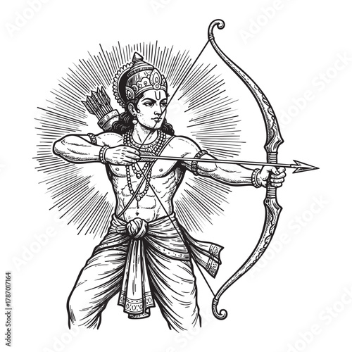 Hindu God Rama with Bow and Arrow Engraving Vector Illustration