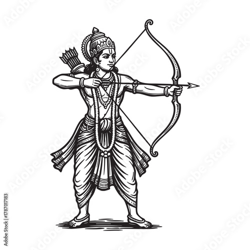Hindu God Rama with Bow and Arrow Engraving Vector Illustration