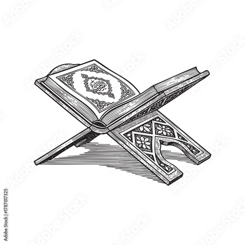Open Quran Holy Book on Stand Engraving Vector Illustration