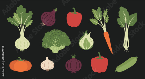 A vibrant collection of fresh and healthy vegetables, including onions, peppers, carrots, and leafy greens, on a dark background.
