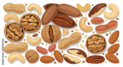 A colorful and healthy assortment of various edible nuts like walnuts, peanuts, cashews, almonds, and pecans scattered on a white surface.