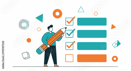 A man with a giant pencil marks completed tasks on a large checklist, symbolizing productivity and goal achievement.