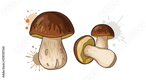 Hand-drawn illustration of fresh boletus mushrooms, including a large whole one and two smaller ones, with natural color splashes.