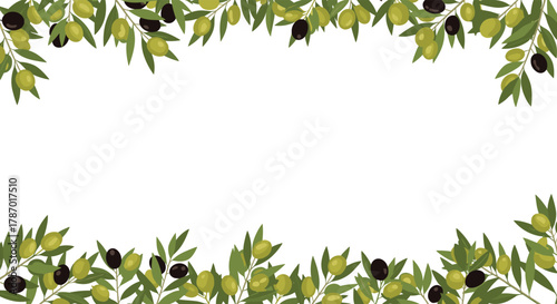 Fresh olive branches with green and black olives and vibrant green leaves create an elegant decorative frame on a white background, ideal for Mediterranean themes.