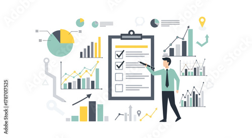 A businessman points at a checklist on a clipboard surrounded by various data charts and graphs.