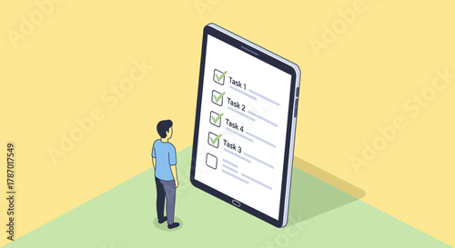 A person stands before a large digital tablet displaying a to-do list with several completed and one pending task.