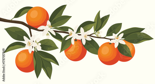 A vibrant illustration of an orange tree branch adorned with ripe citrus fruits, lush green leaves, and delicate white blossoms.