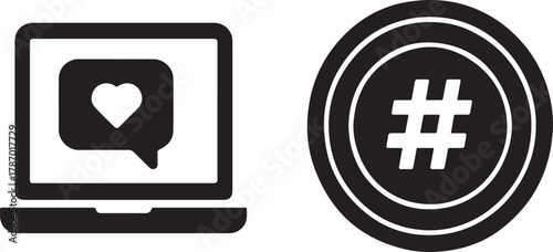 Laptop screen with chat bubble and heart vector, social media interaction and online connection icon set