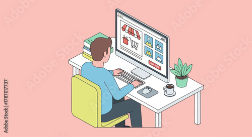 Isometric illustration of a man online shopping on his desktop computer at a home office desk with books and a plant.
