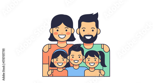 A happy cartoon family of five, with a mother, father, and three children smiling and hugging together for a portrait.