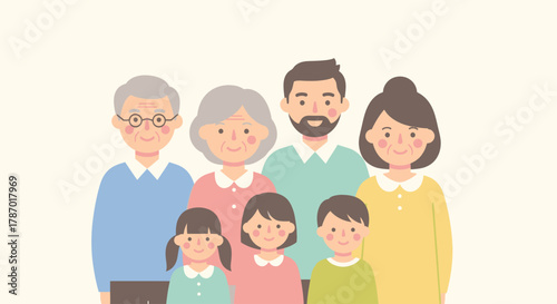 Illustration of a multi-generational family, including grandparents, parents, and three children, smiling and posing together.