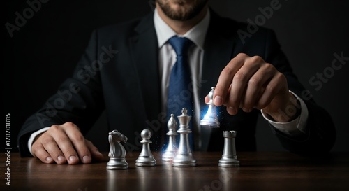 Strategic Move: An individual in a sharp suit makes a calculated chess move, symbolizing strategic decision-making and calculated risks in business or life.