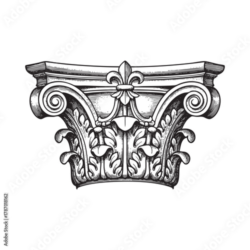 Classic Corinthian Column Capital Engraving Vector Illustration