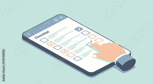 A hand is shown interacting with a digital checklist on a smartphone screen, marking items as complete.