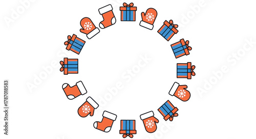 Delightful holiday wreath with gifts, mittens and stockings icons