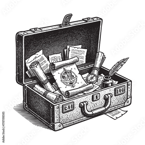 Vintage Explorer Briefcase Maps Scrolls Engraving Vector Illustration