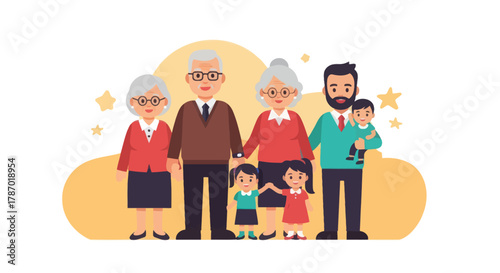 A happy extended family portrait featuring grandparents, parents, and children, all holding hands and smiling against a soft yellow background with star accents.