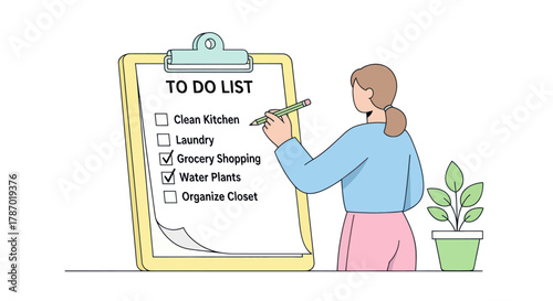A woman checks off completed tasks on her large to-do list on a clipboard, managing her daily chores and errands.