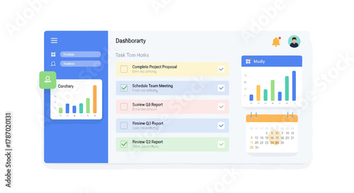 A modern dashboard user interface for a project management application showing a task list, charts, and calendar.