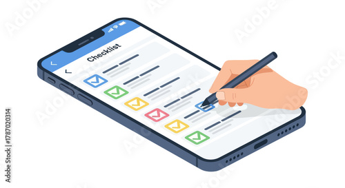 Hand using a stylus to mark items on a checklist displayed on a smartphone screen, isometric view.