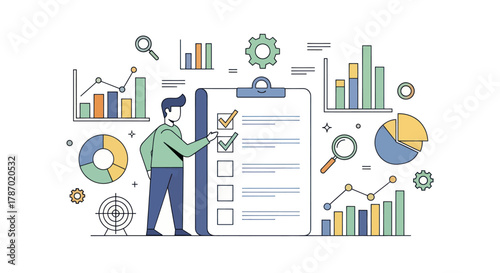 Illustration of a man marking items on a clipboard checklist surrounded by data charts, graphs, and gears on a white background.