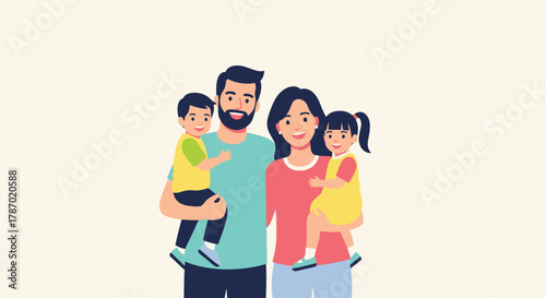 A happy family of four, smiling and posing together for a portrait, embracing.