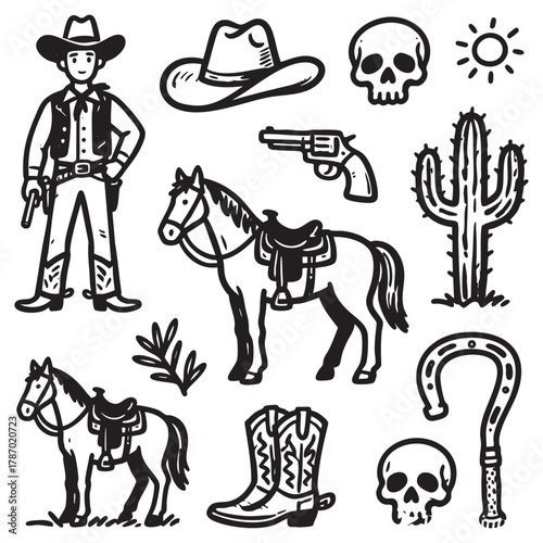 Hand Drawn Wild West Cowboy and Rodeo Doodle Set