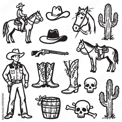 Hand Drawn Wild West Cowboy and Rodeo Doodle Set