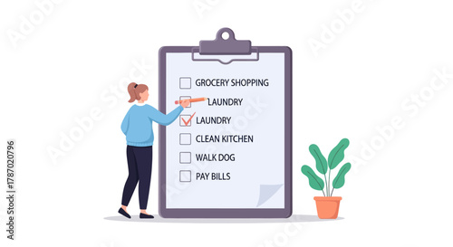 Woman checking off laundry task on a clipboard to-do list, with grocery shopping, kitchen, dog walking, and bills tasks remaining.
